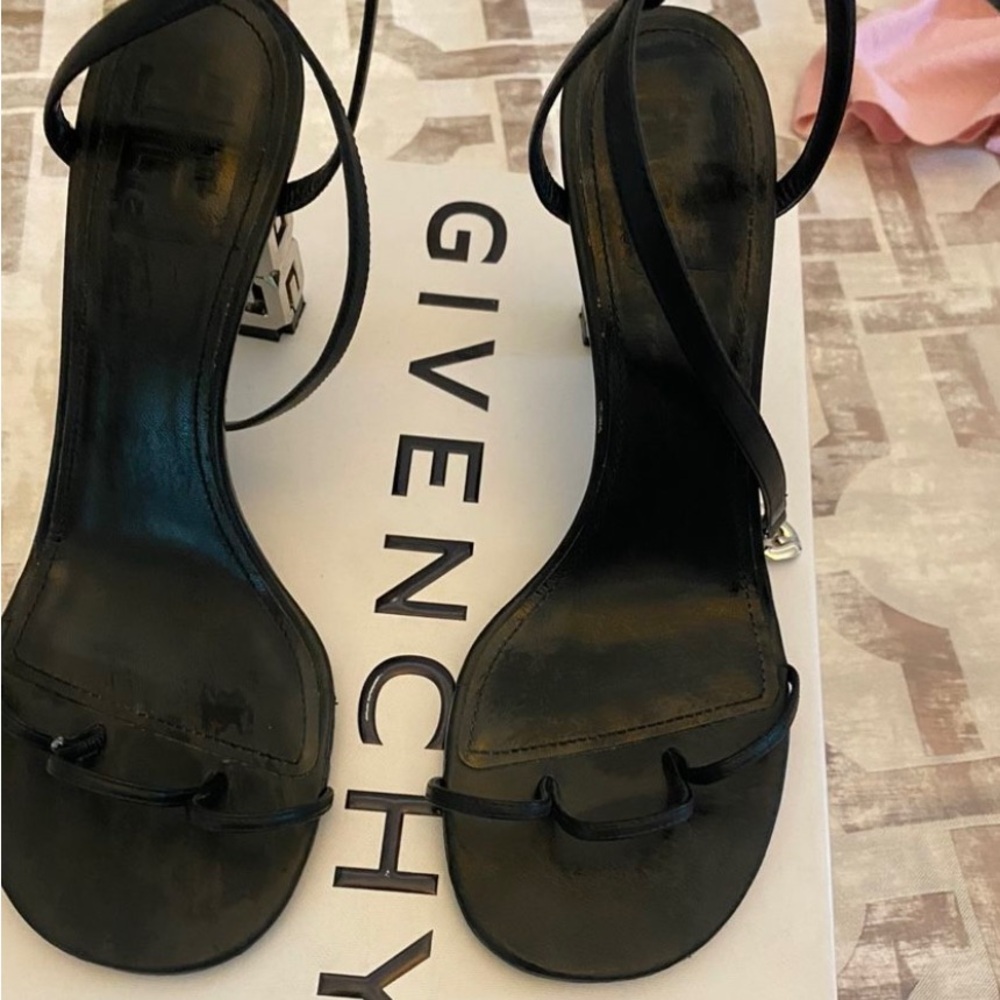 Givenchy Black Leather Ankle-Tie Sandals with Sculpted Silver Heel